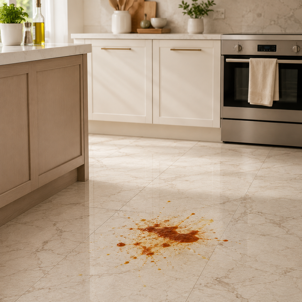 Kitchen floor cleaning scene