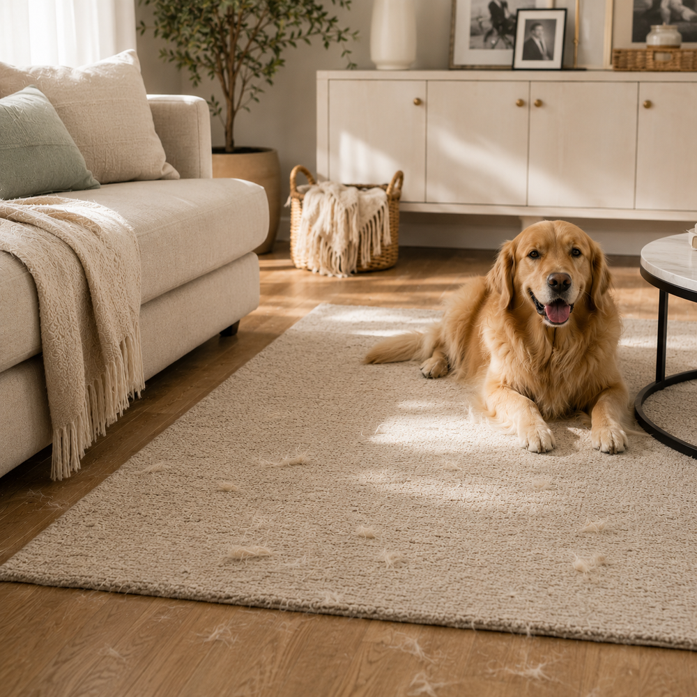 Pet-friendly home cleaning scene
