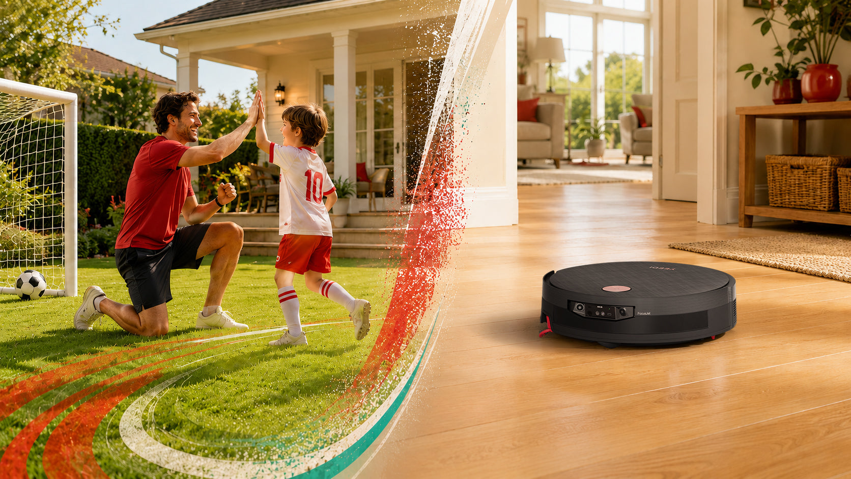 Family plays football while YEEDI cleans